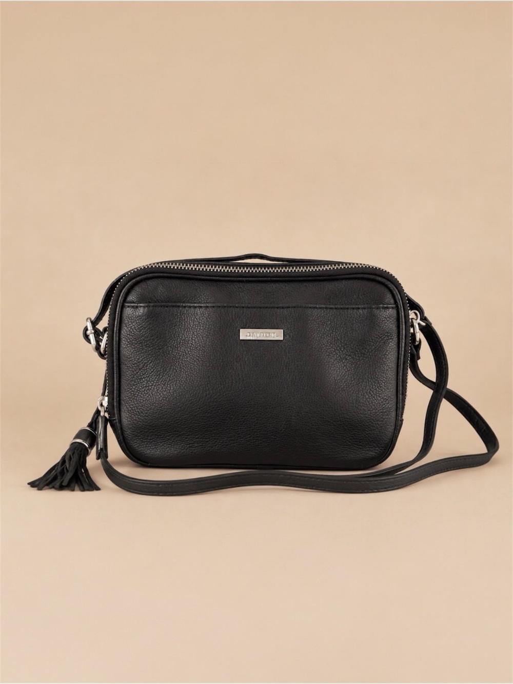 Danier Black Leather Crossbody Camera Bag Silver Hardware Tassel Pocket